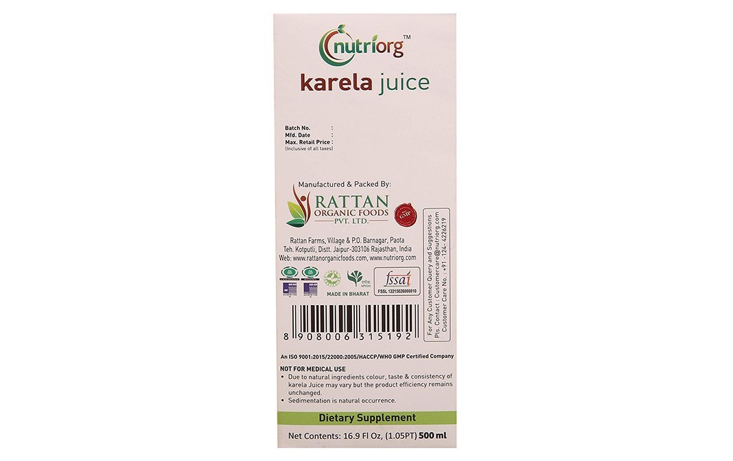 Nutriorg Karela Juice (Bitter Gourd)   Box  500 millilitre